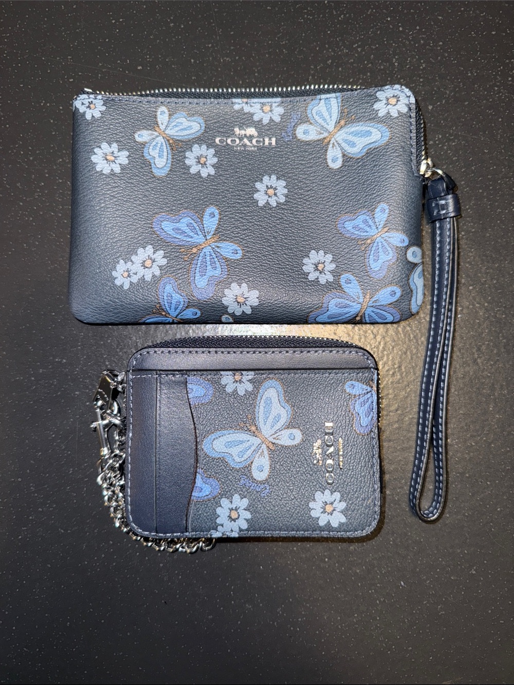 Coach Navy Blue Butterfly Wristlet and Card Holder Bundle Set